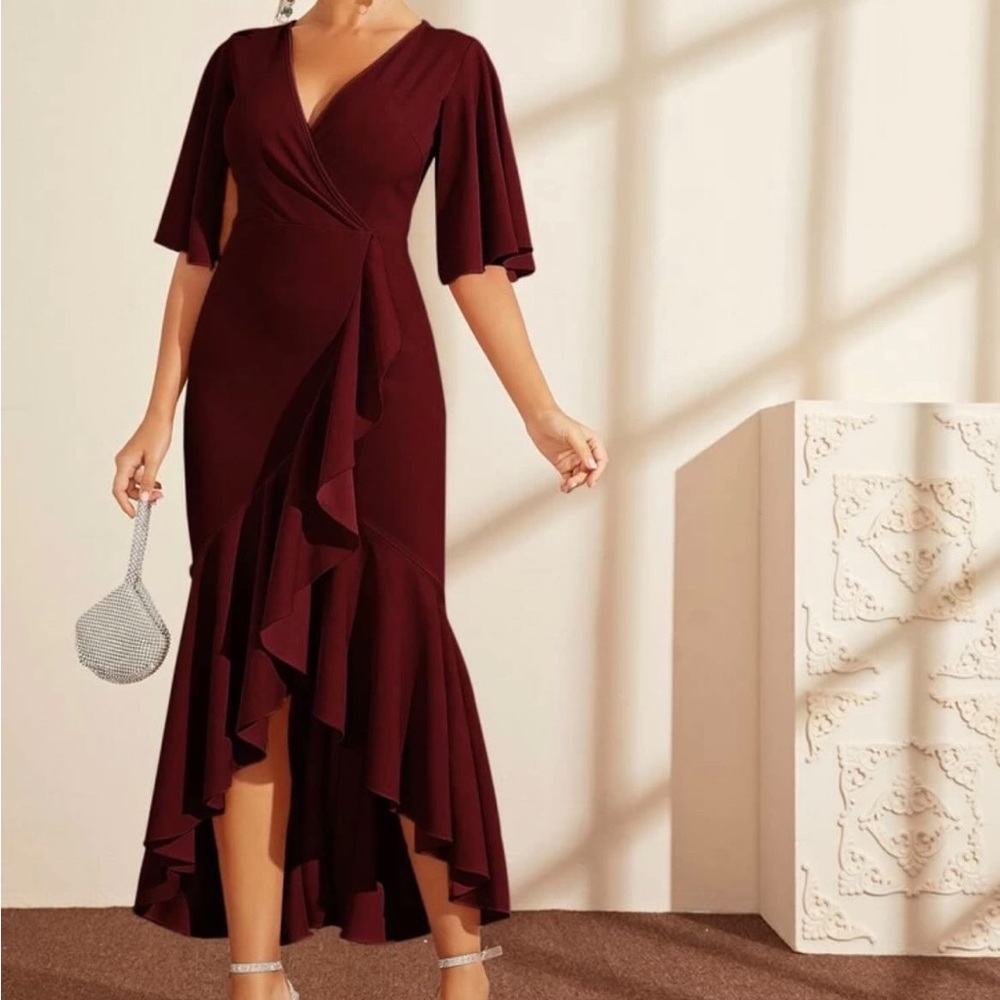 Romwe Semi Formal Wrap Ruffle Trip Maxi Maroon Dress